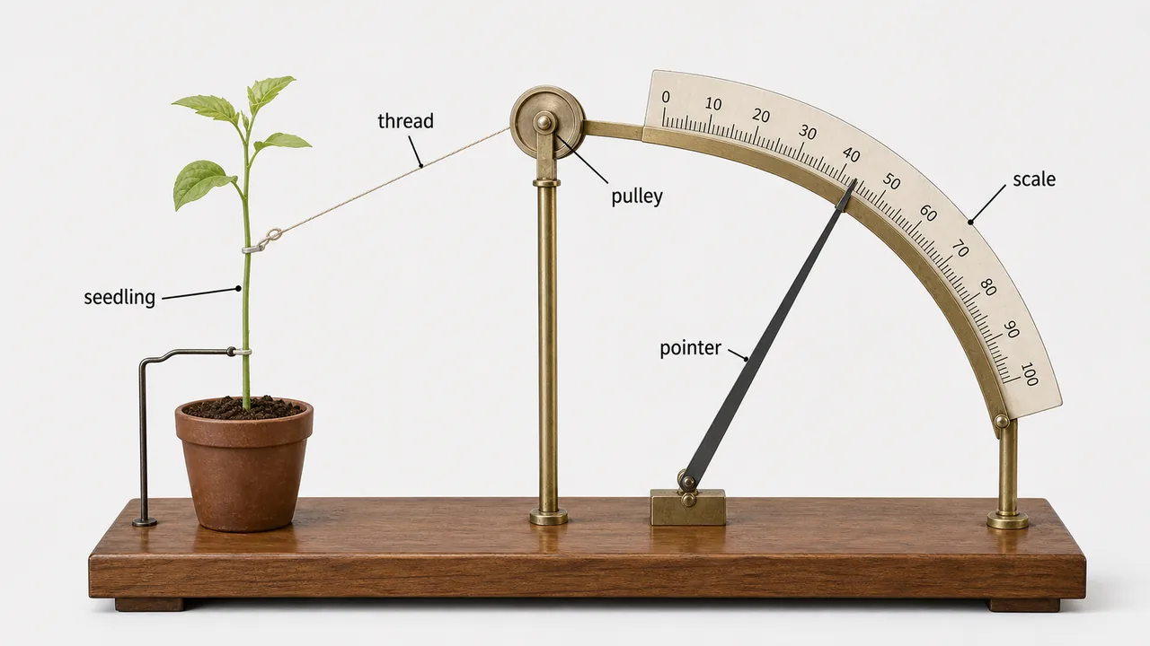 Arc auxanometer measuring plant elongation using thread, pulley, pointer, and scale