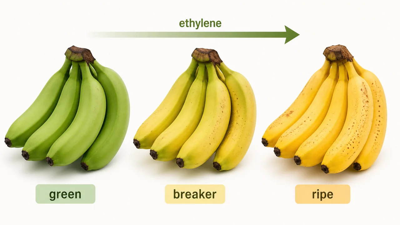 Ethylene driven fruit ripening stages from green to breaker to ripe fruit