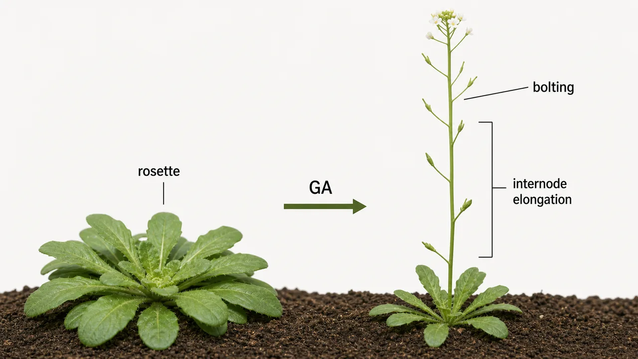 Gibberellin induced bolting in a rosette plant showing stem internode elongation