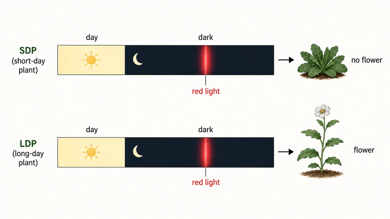Night break experiment showing red light inhibiting flowering in short day plants and promoting flowering in long day plants