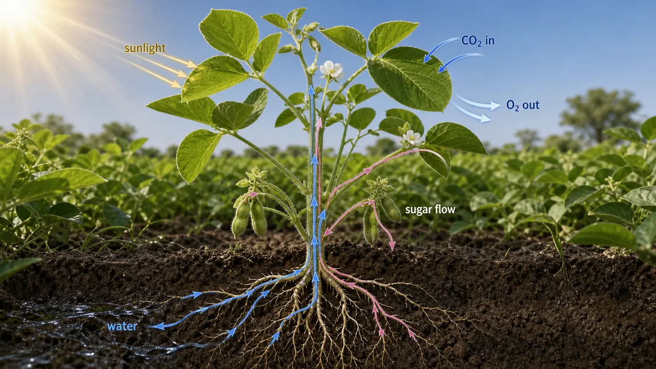 Plant physiology overview showing sunlight, carbon dioxide uptake, oxygen release, root water absorption, and sugar movement through a crop plant