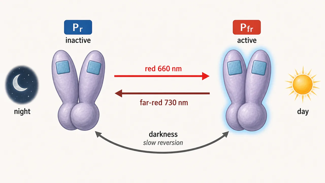 Phytochrome system diagram showing red light conversion of Pr to active Pfr and far red light or darkness converting Pfr back to Pr