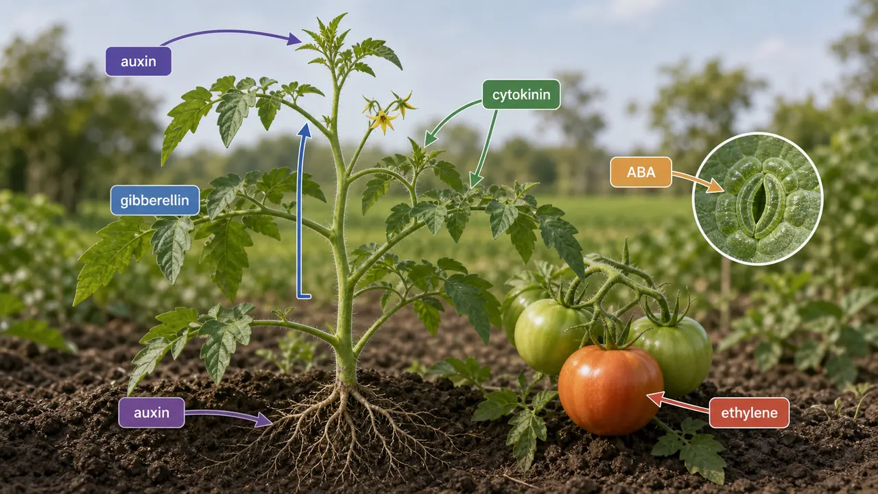 Plant hormone overview showing auxin at the shoot tip, gibberellin stem elongation, cytokinin side shoot growth, ABA stomatal closure, and ethylene fruit ripening