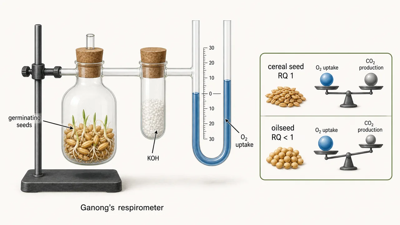 Ganong style respirometer with germinating seeds and inset comparison of balanced respiratory quotient in cereal seeds versus lower respiratory quotient in oilseeds
