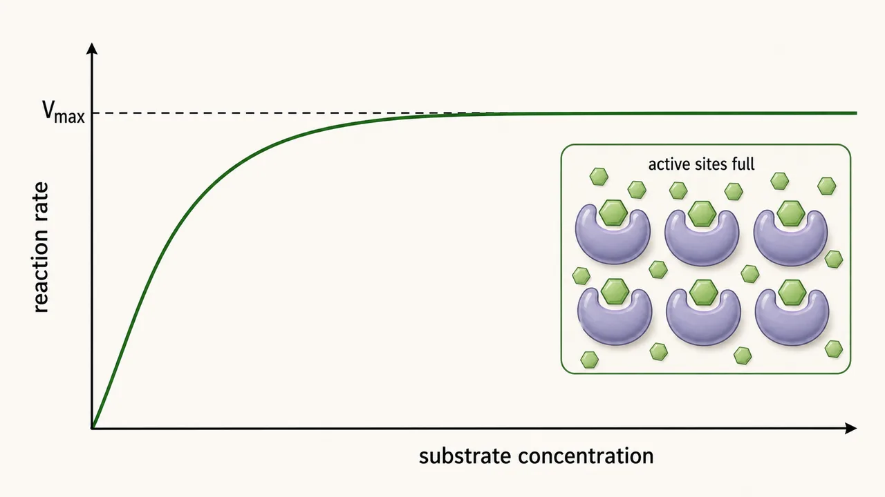 Graph showing enzyme reaction rate increasing with substrate concentration until reaching Vmax plateau