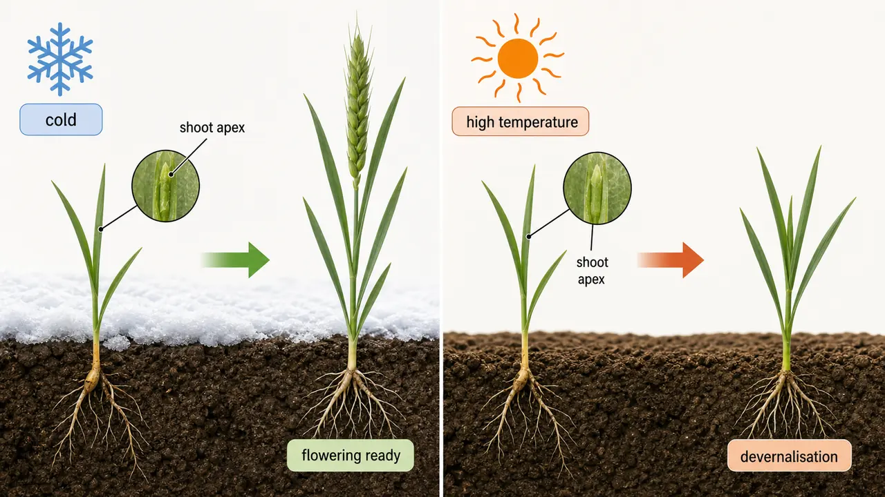 Vernalisation and devernalisation in winter wheat showing cold treatment at shoot apex and reversal by high temperature