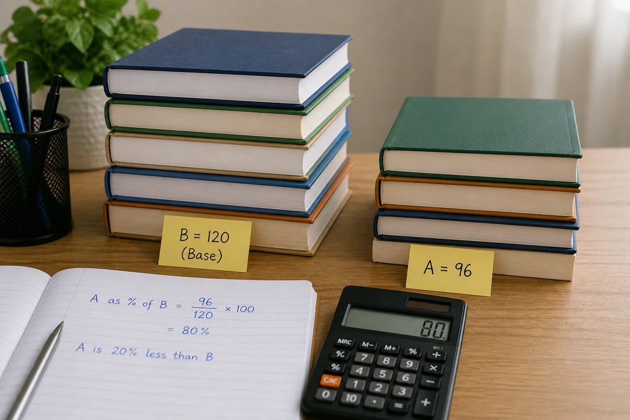 Two unequal study-book stacks illustrating how percentage comparison changes when the base value changes