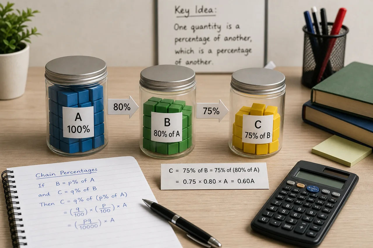 Linked quantity groups on a study desk illustrating chained percentage relationships across A B and C