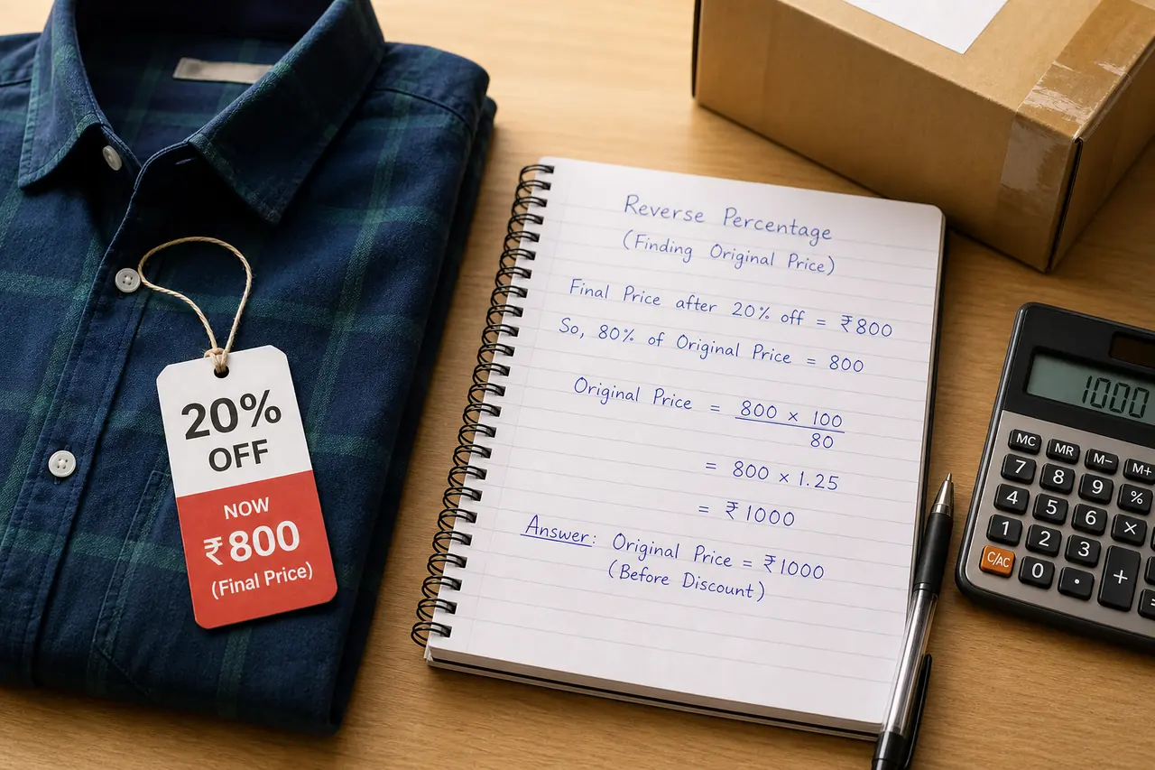 Discounted product and notebook setup illustrating how to work backward from final price to original value