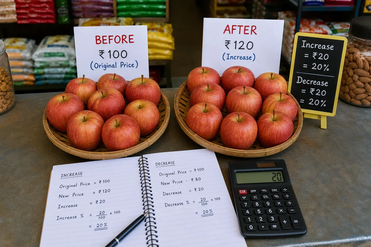 Realistic comparison of original and changed quantities to explain percentage increase and decrease through ratios