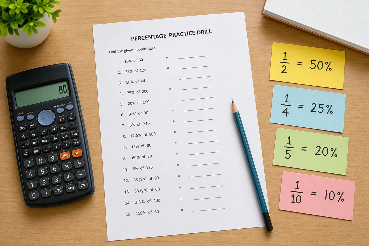 Exam practice worksheet with calculator and shortcut cards for fast percentage increase and decrease drills