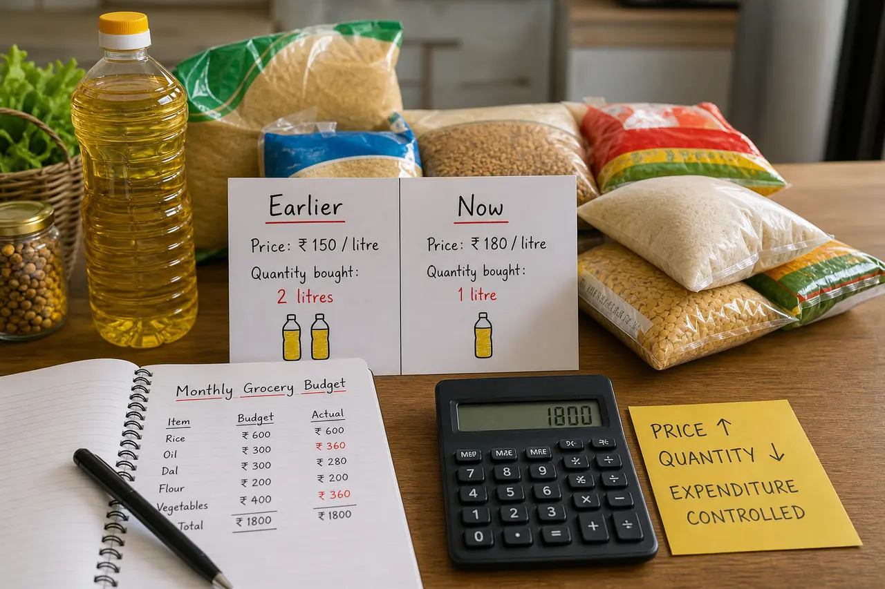 Household grocery budgeting scene showing price rise and reduced quantity to explain expenditure constancy