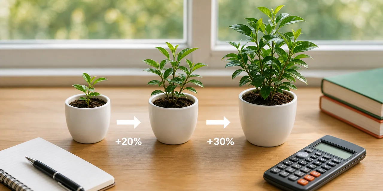 Step-by-step realistic growth scene showing that each percentage change applies to a new base value
