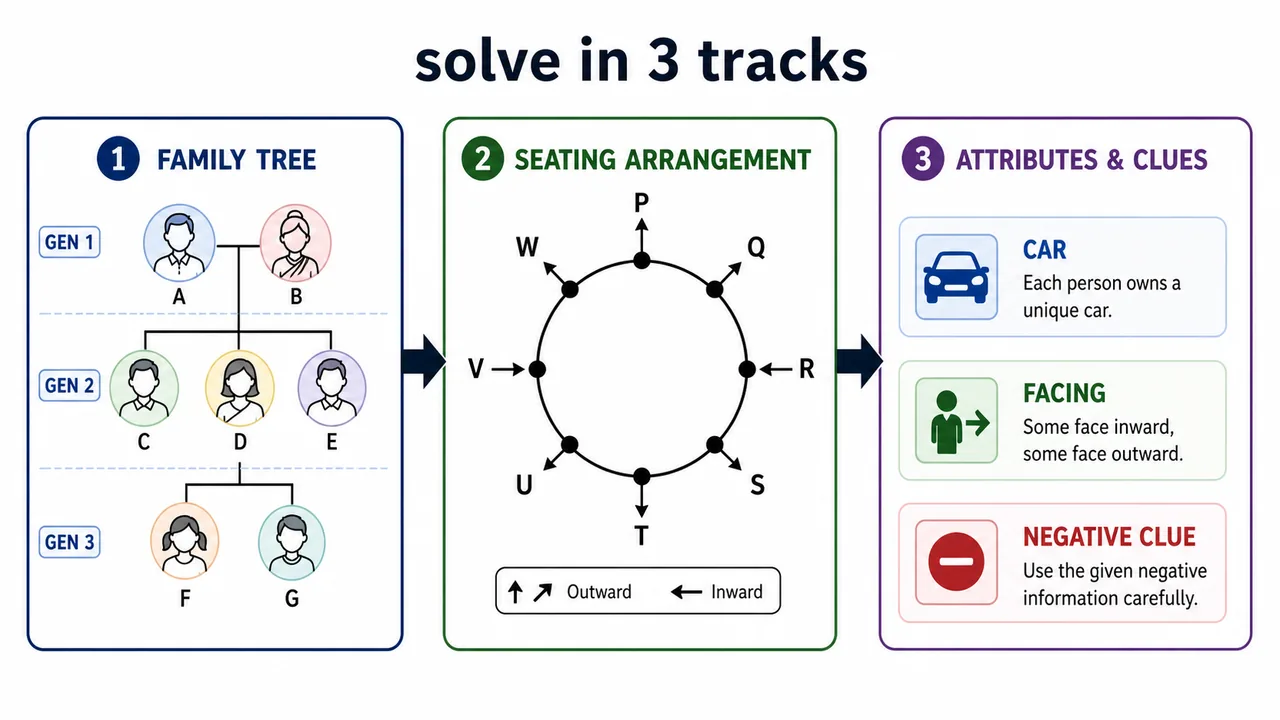 Advanced seating with relations workflow showing family tree, seating ring, and variable mapping solved in parallel