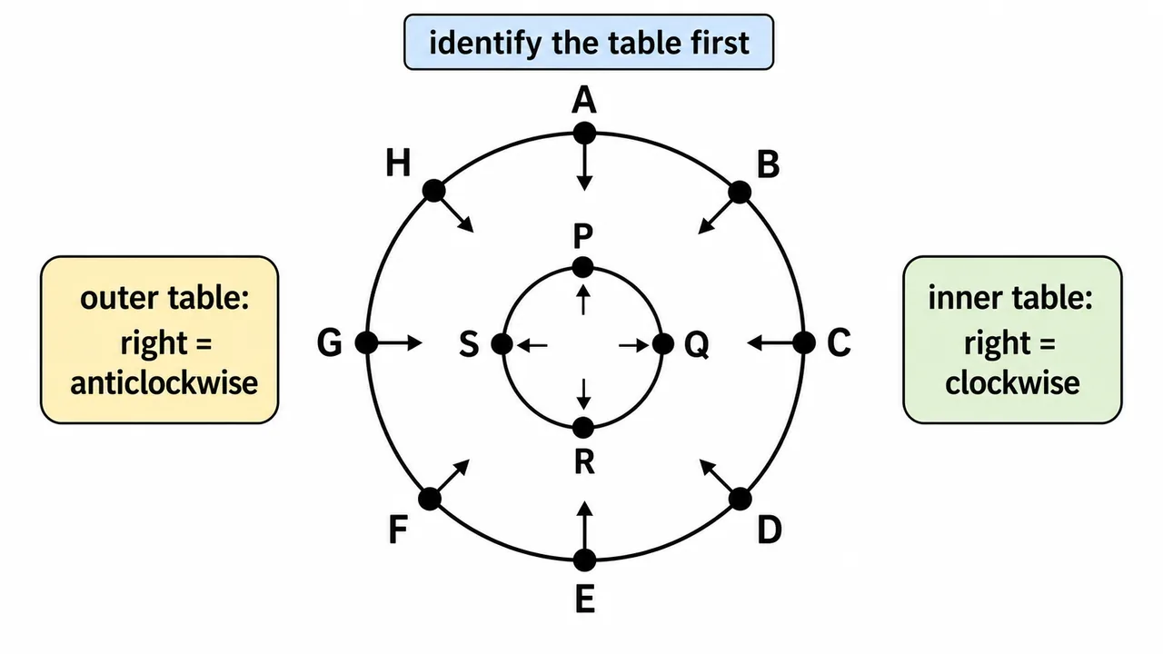 Dual circular table diagram showing outer-table inward facing and inner-table outward facing rules