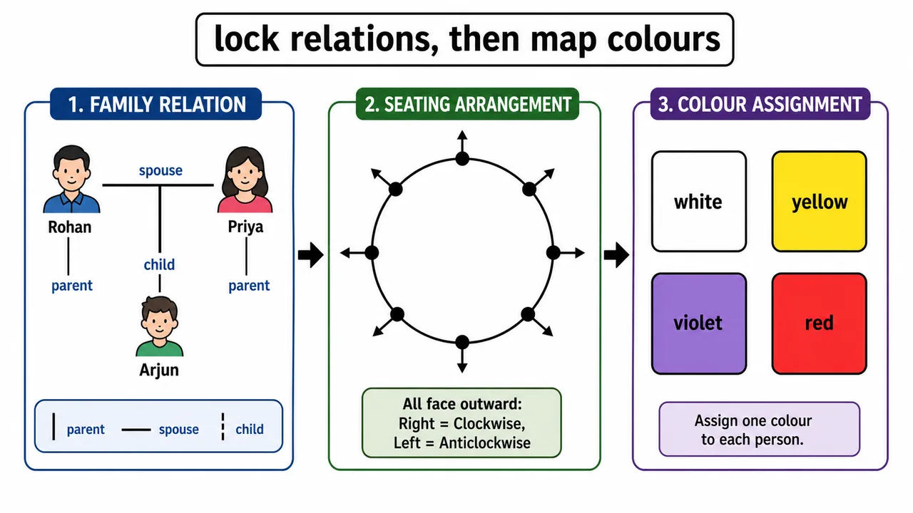 Family relation and colour assignment workflow for circular seating