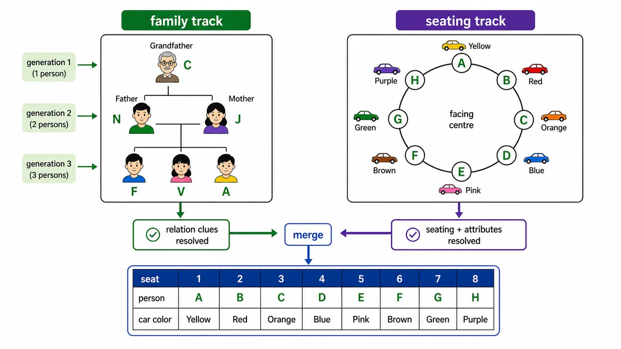 Parallel workflow showing family tree track and seating track being solved together and merged