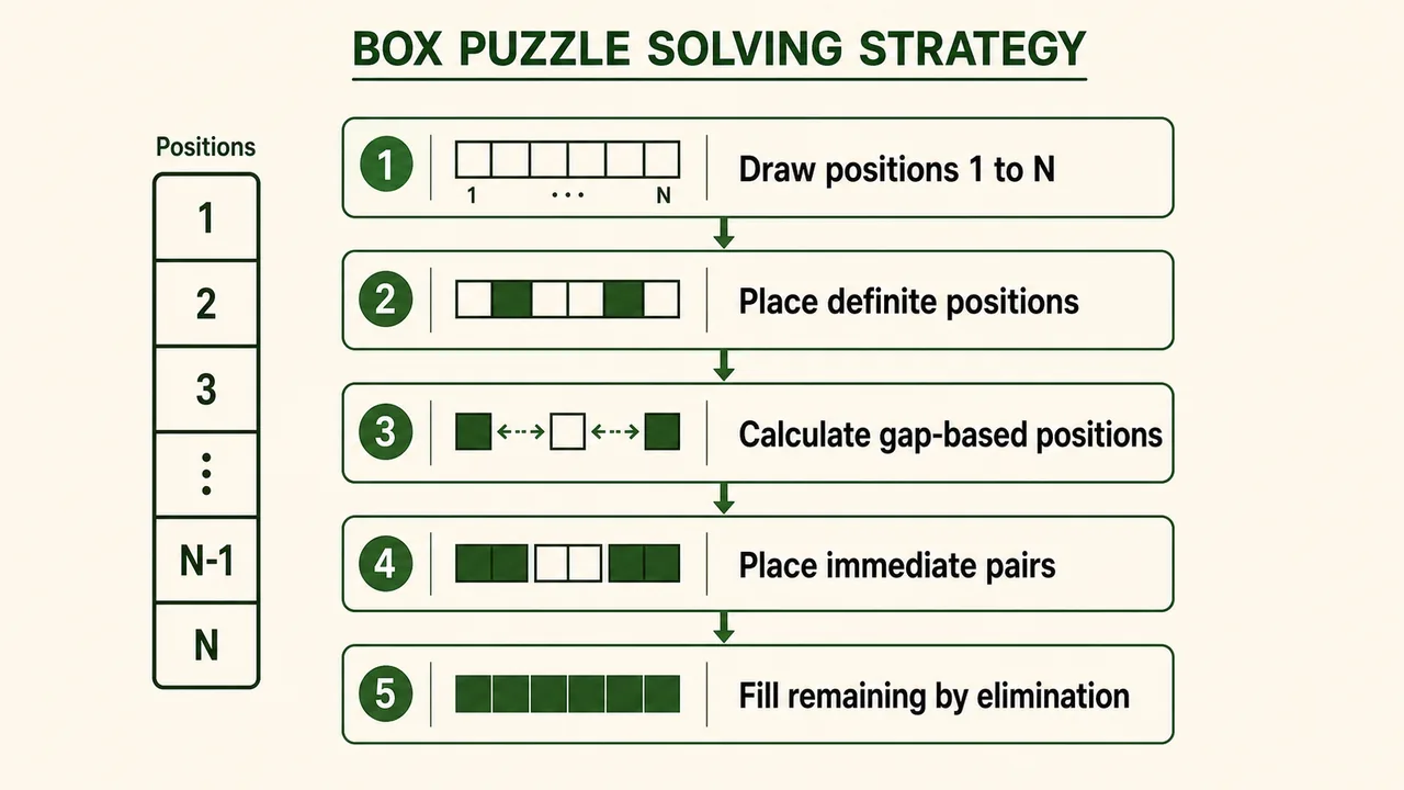 Box puzzle solving strategy flow showing draw positions, place definite positions, calculate gaps, place immediate pairs, and fill by elimination