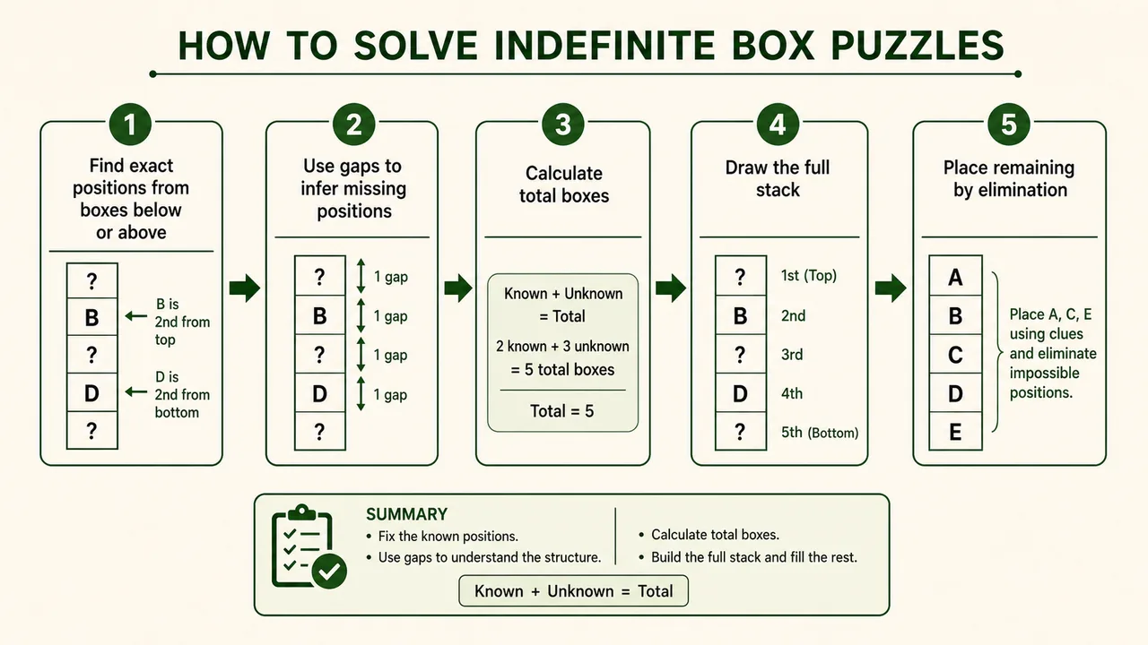 Indefinite box puzzle workflow showing exact positions, gap clues, total boxes, full stack, and elimination with known plus unknown equals total