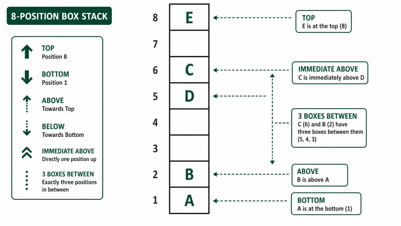 Reasoning box puzzle stack showing bottom-to-top numbering, above and below directions, immediate-above relation, and three boxes between positions