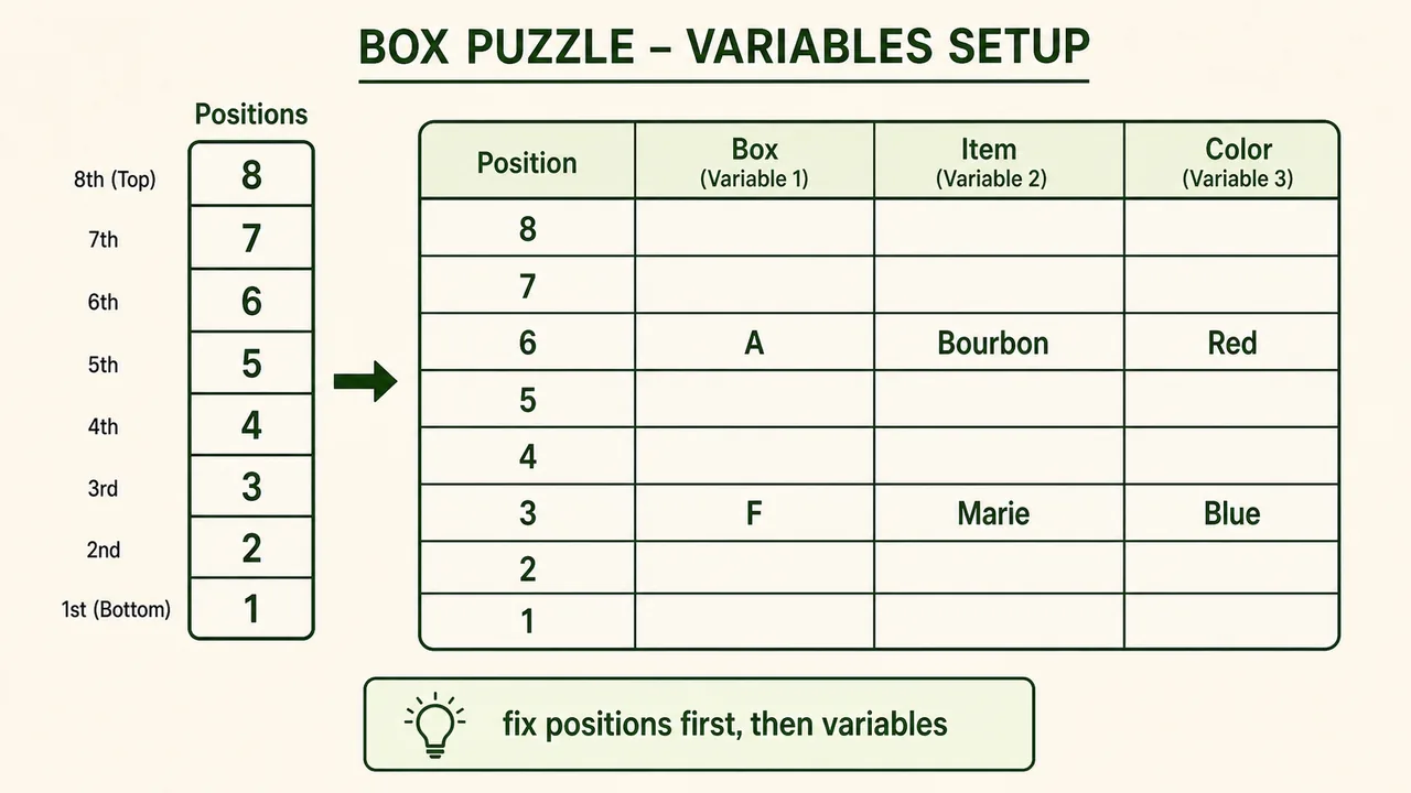 Box puzzle with variables setup showing positions expanded into a grid for box, item, and color variables