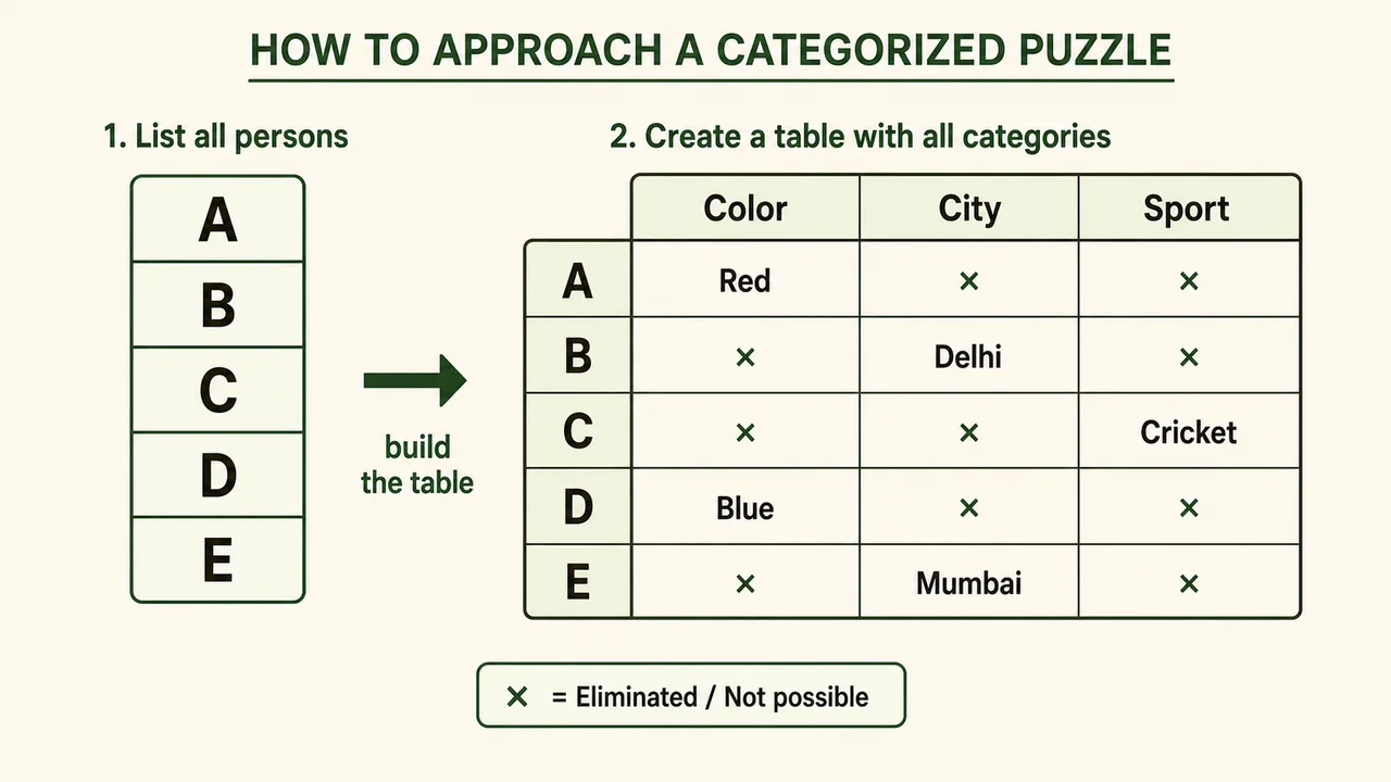 Categorized puzzle setup showing persons converted into a table with color, city, and sport variables