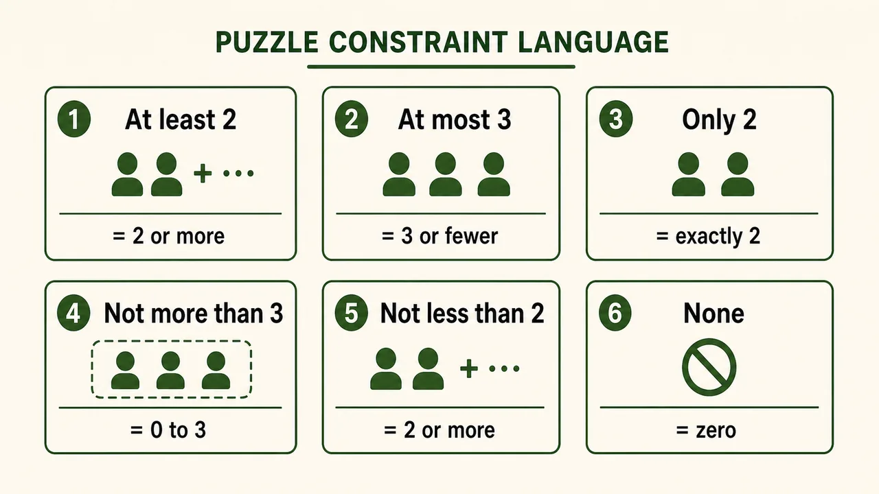Categorized puzzle constraint language chart showing at least, at most, only, not more than, not less than, and none