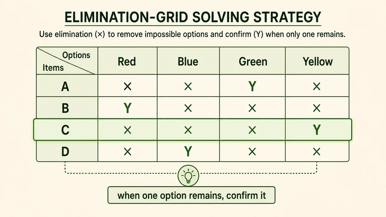 Categorized puzzle elimination grid with rows and columns marked by x for eliminations and Y for confirmed assignments
