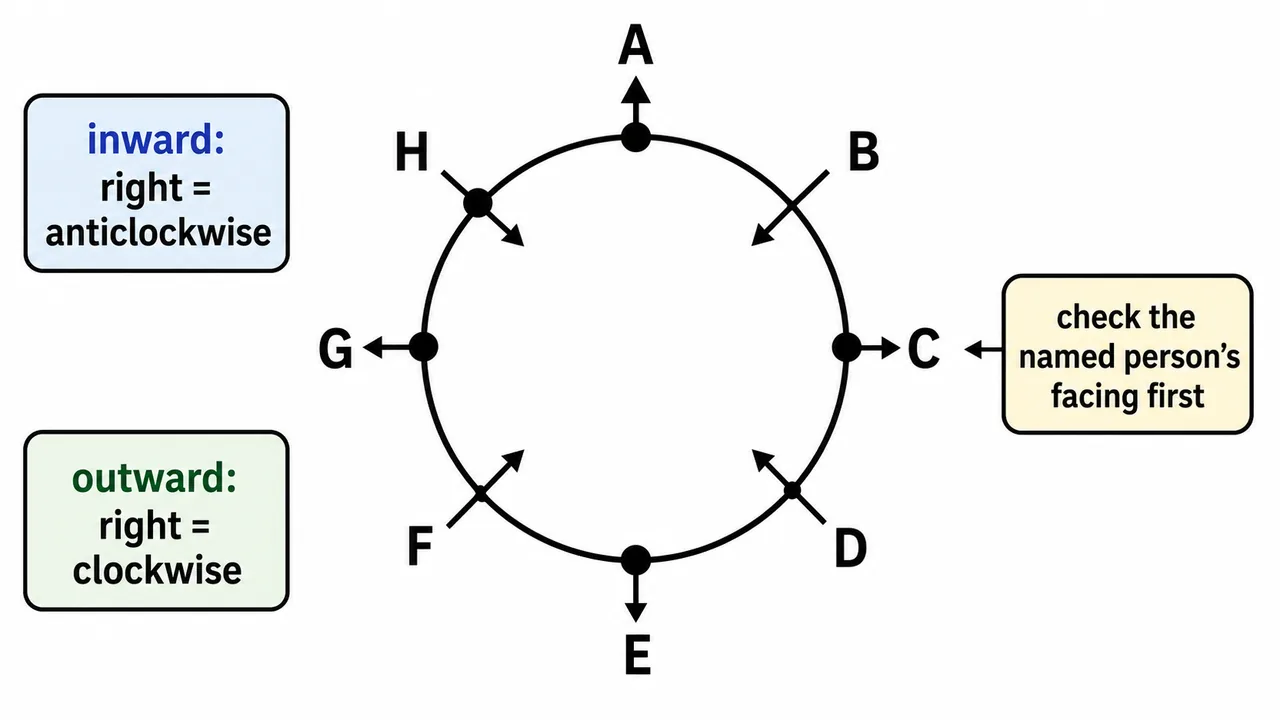 Mixed-facing circular arrangement showing that inward and outward persons use different left-right rules