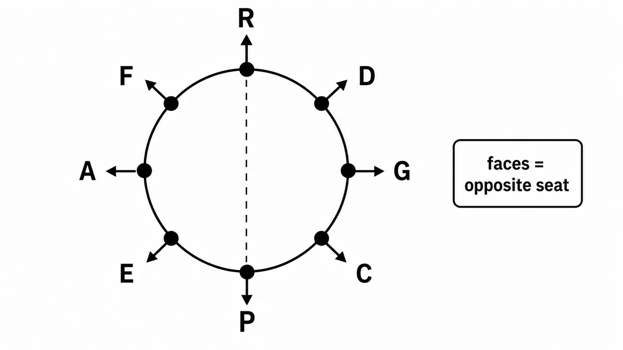 Circular arrangement showing the opposite-seat check used to identify who faces R