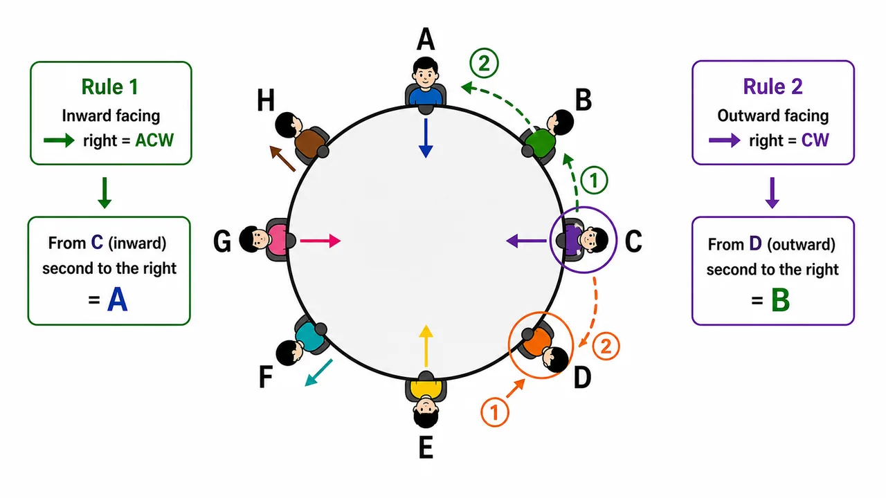 Mixed-facing circular arrangement showing inward and outward arrows with separate right-direction rules