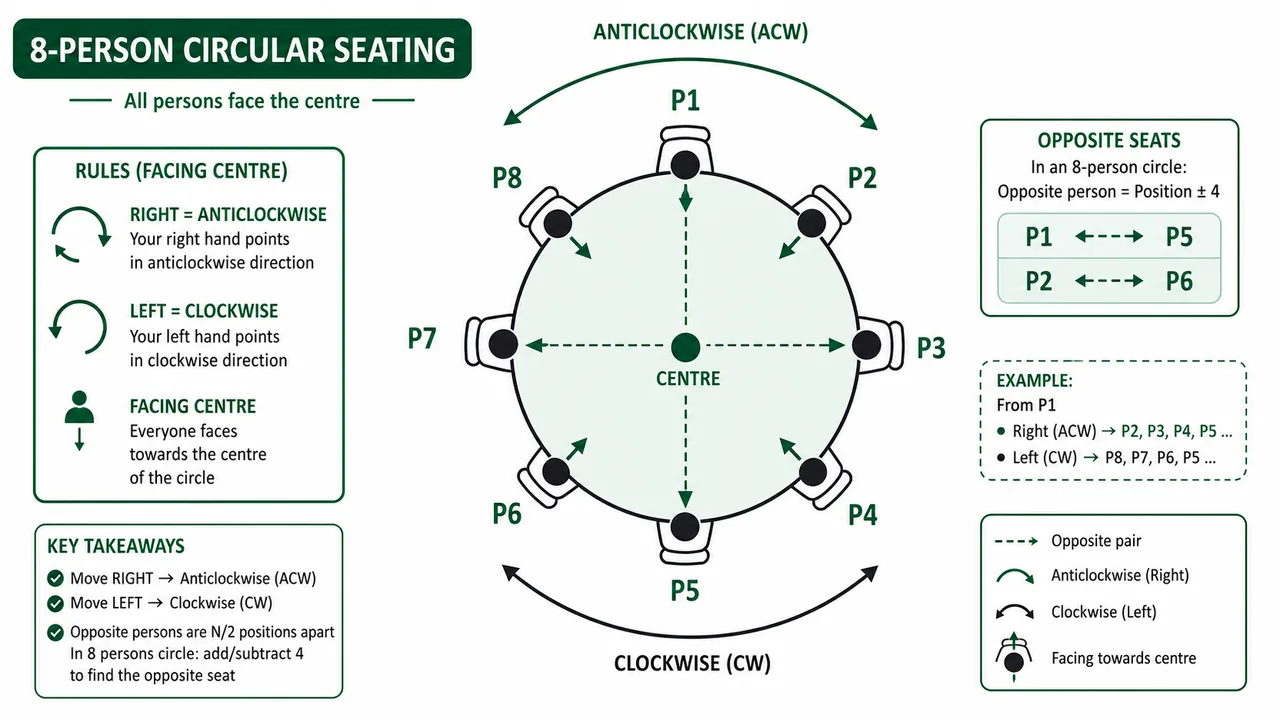Eight-person circular seating arrangement showing centre-facing rule, clockwise and anticlockwise directions, and opposite seats