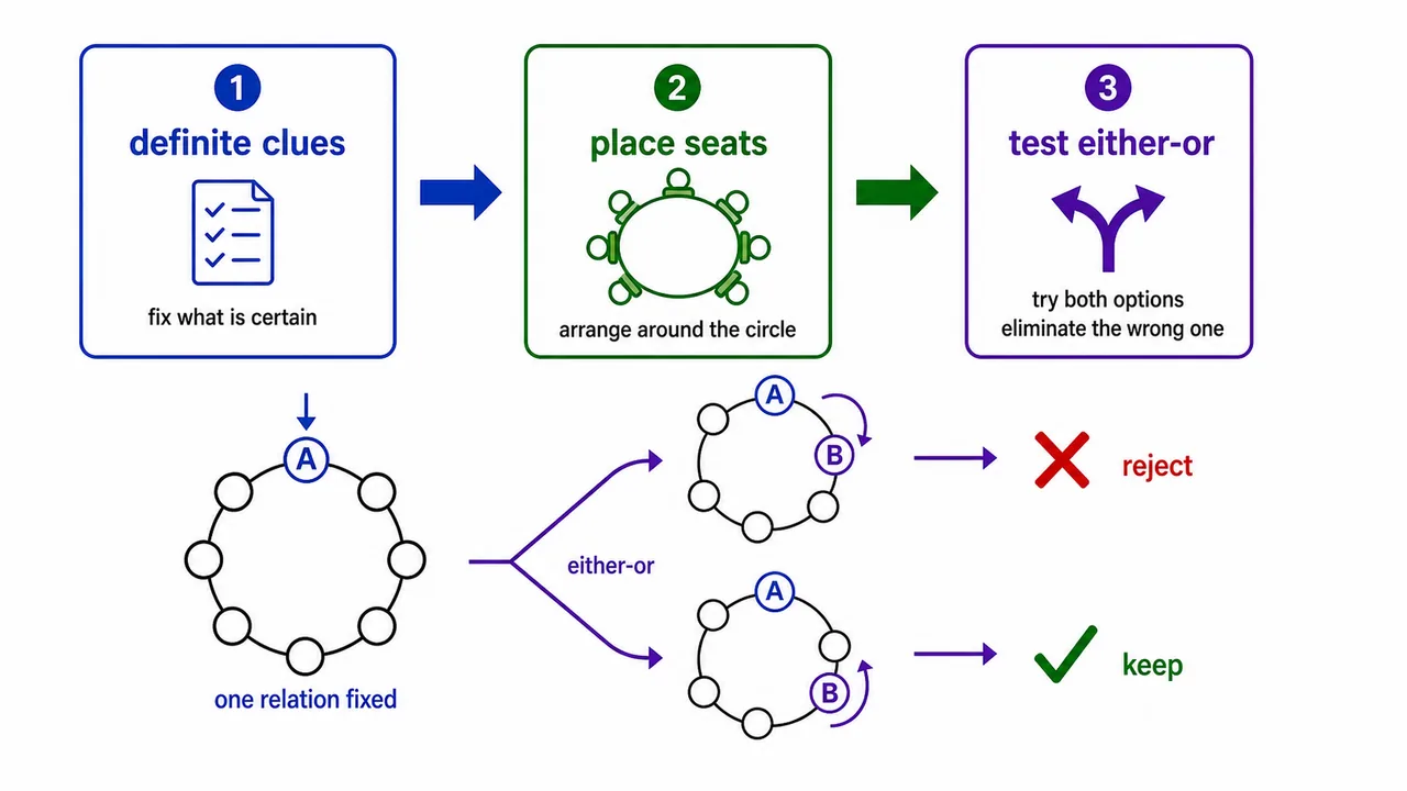 Either-or circular seating workflow showing definite clues first and one branch rejected after testing