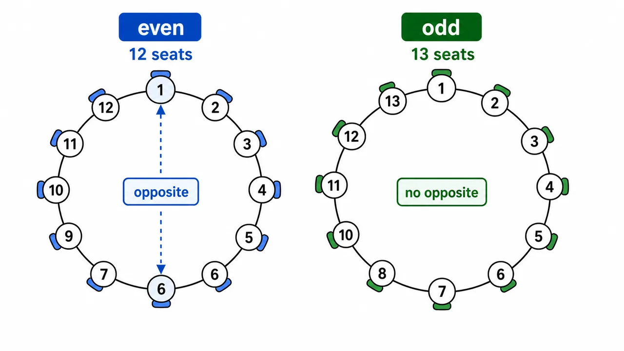 Even-versus-odd circular seating comparison showing opposite seats only in the even-count circle