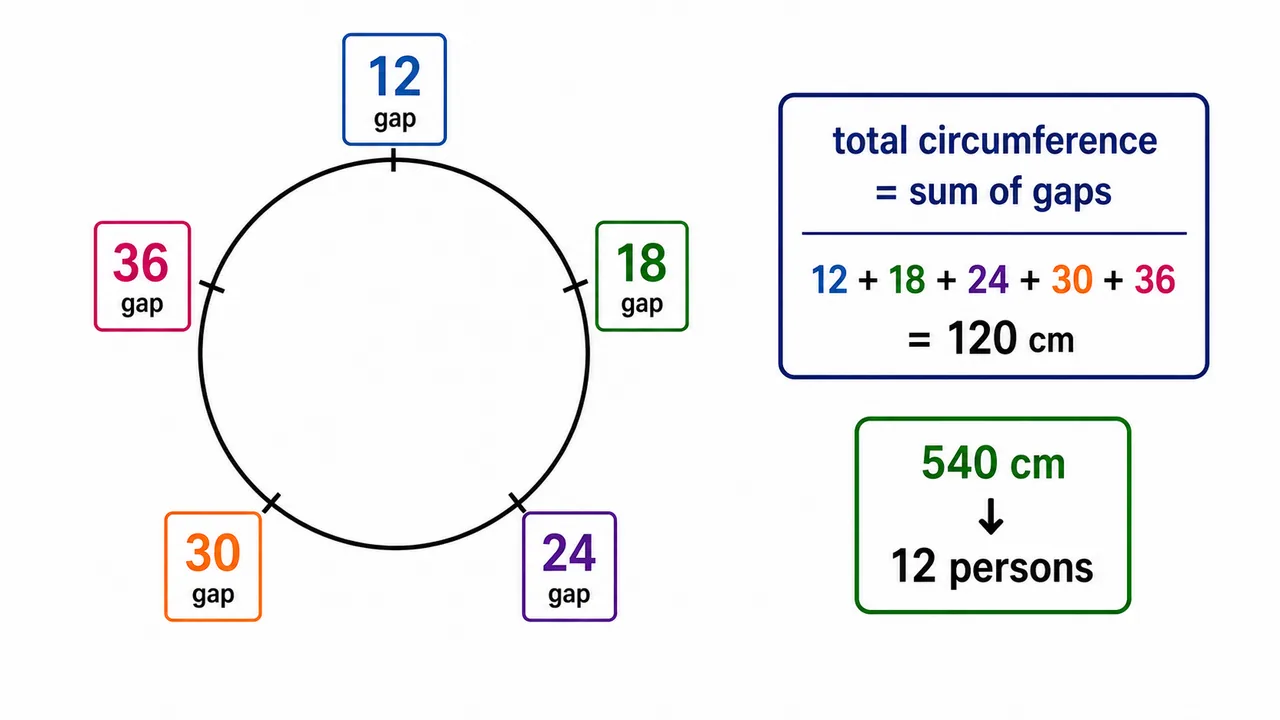 Circumference seating formula visual showing gap values adding up to the total circumference and deriving the total seats