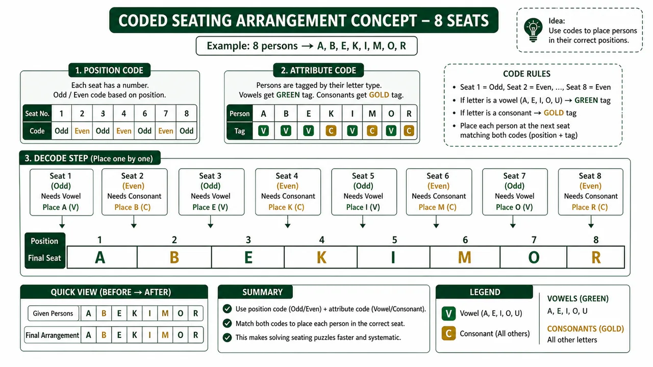 Coded seating arrangement concept showing code translation, attribute decoding, and final seat placement