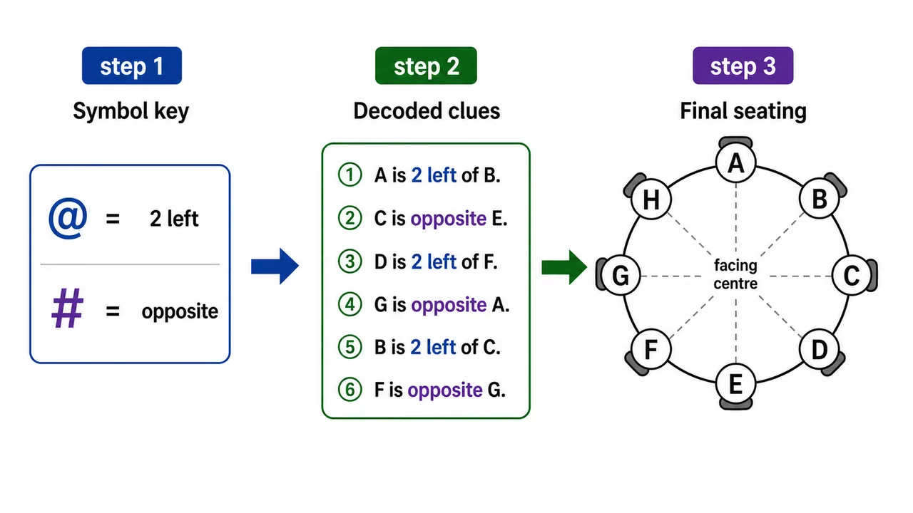 Coded seating workflow showing the symbol key, decoded clues, and final seating arrangement