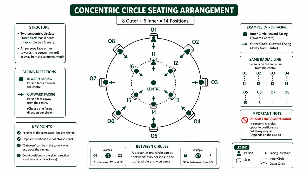 Concentric circle seating arrangement showing inner and outer circles, radial alignment, and facing directions