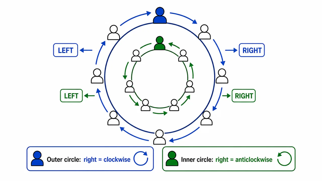 Concentric circle mirror-rule image showing outer-circle and inner-circle right directions in opposite rotations