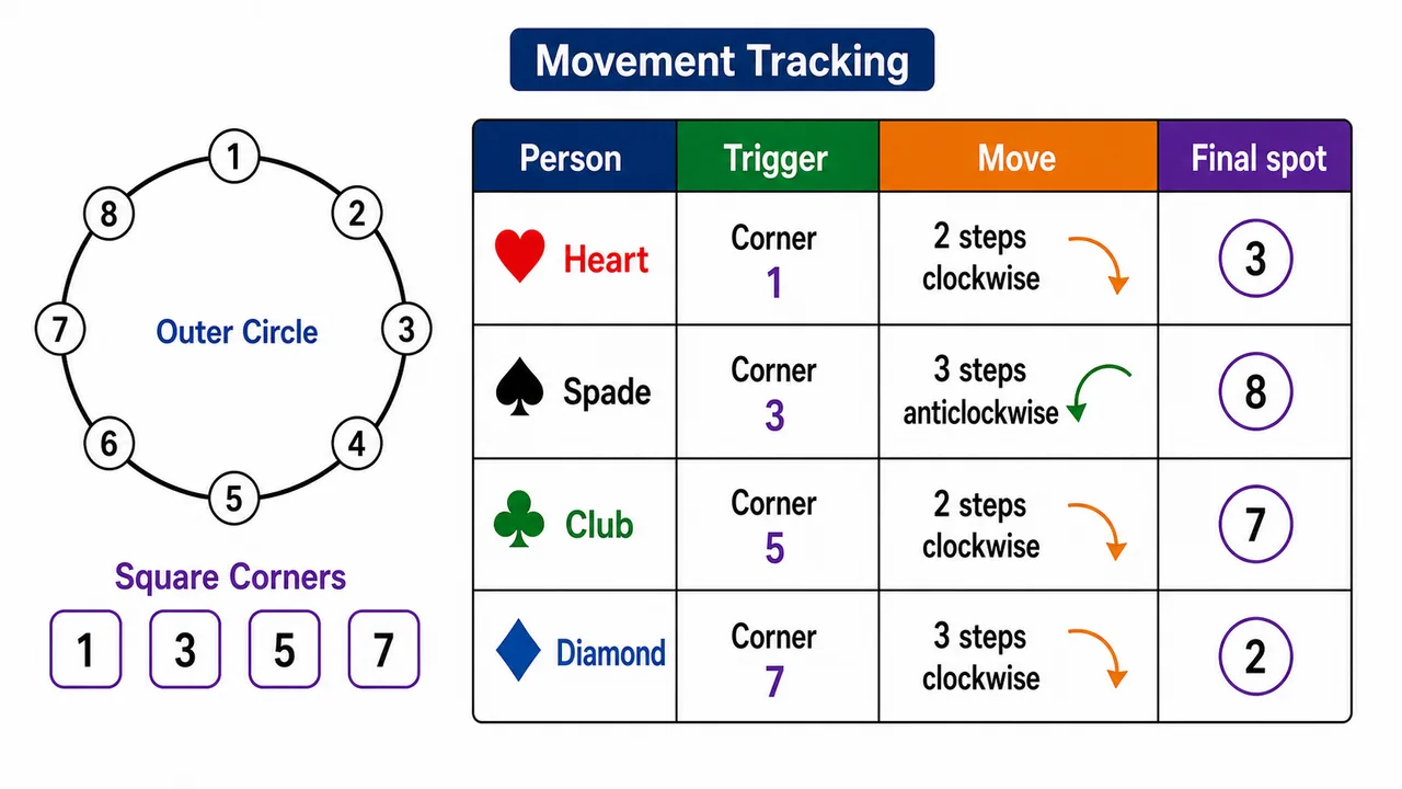 Movement tracking table showing each person’s initial seat, trigger, destination shape, and final facing direction
