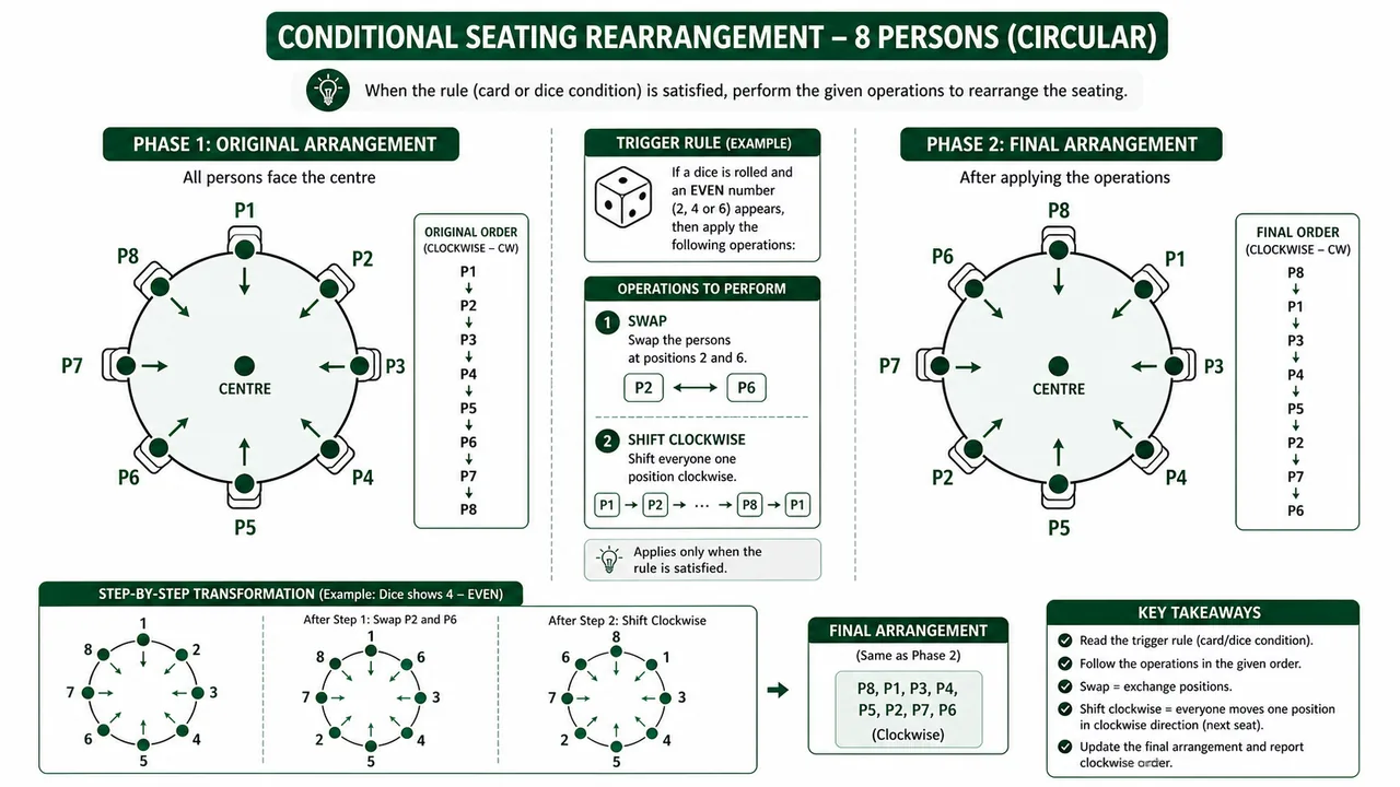 Conditional seating rearrangement showing original arrangement, trigger rule, swap or shift, and final arrangement