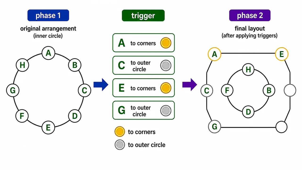 Two-phase conditional arrangement showing original circular seating and the final positions after movement rules