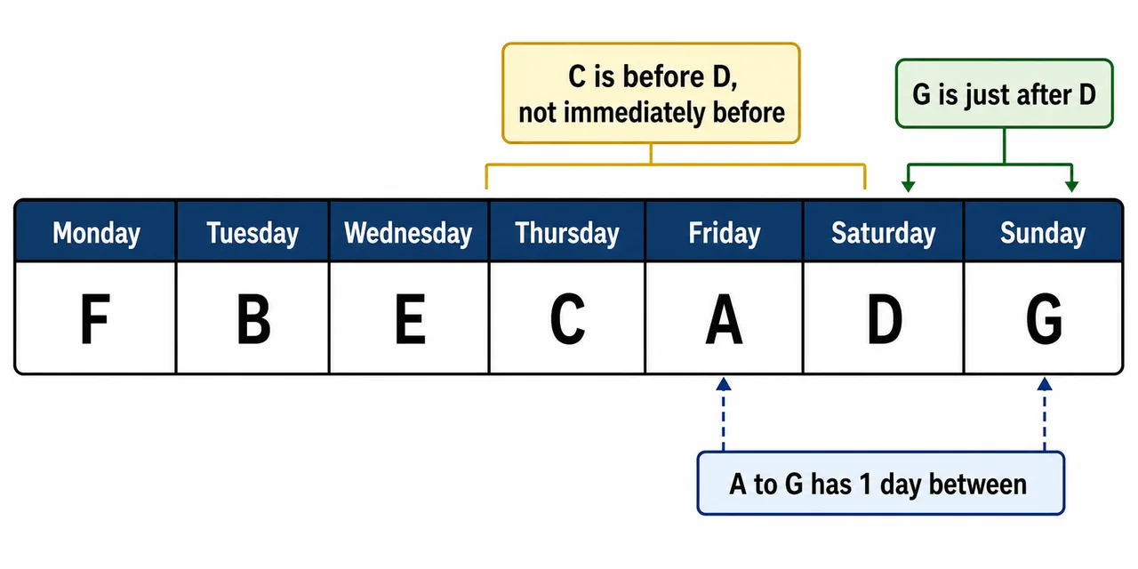 Solved days-based reasoning puzzle showing the final person assigned to each day from Monday to Sunday