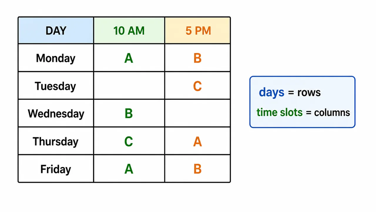 Two-slot day puzzle grid showing weekdays as rows and 10 AM and 5 PM as time-slot columns