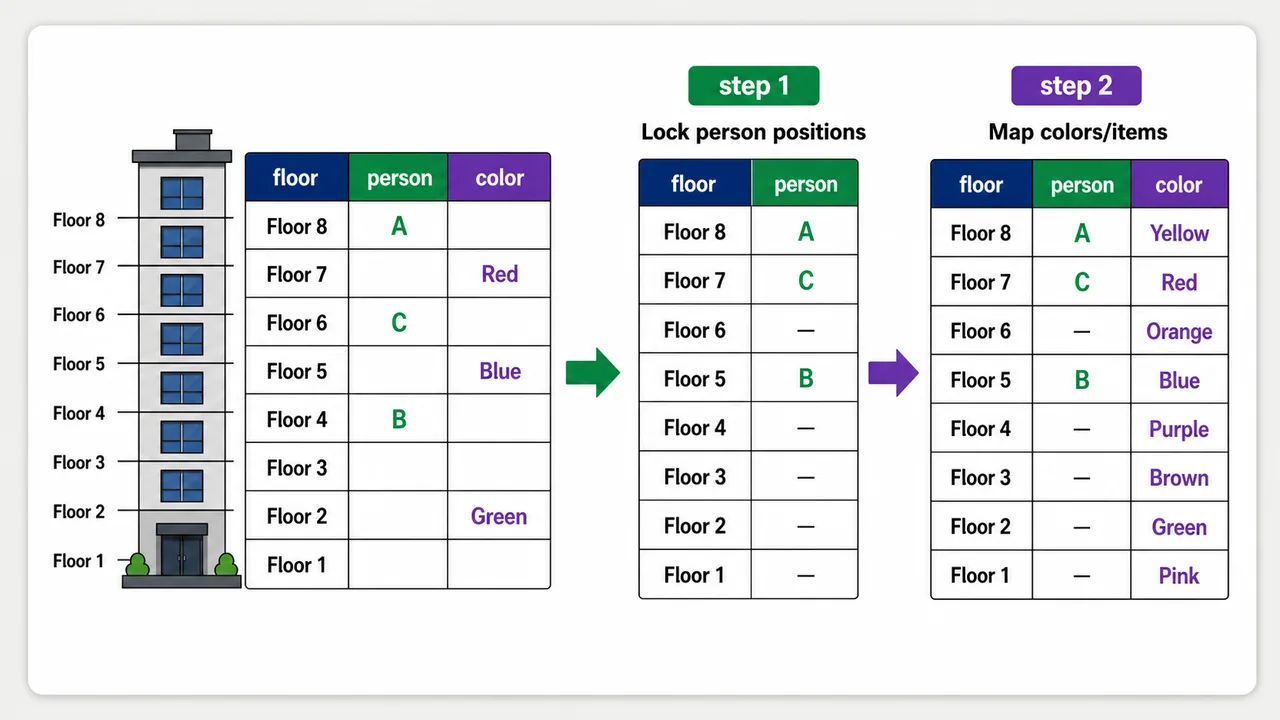 Advanced floor puzzle variable grid showing floor, person, and color columns with a two-step solving method