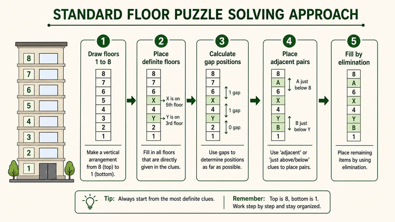 Standard floor puzzle solving approach showing draw floors, place definite floors, calculate gaps, place adjacent pairs, and fill by elimination