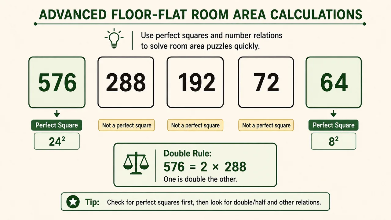 Advanced floor flat puzzle image showing room area values and perfect-square comparisons across floors