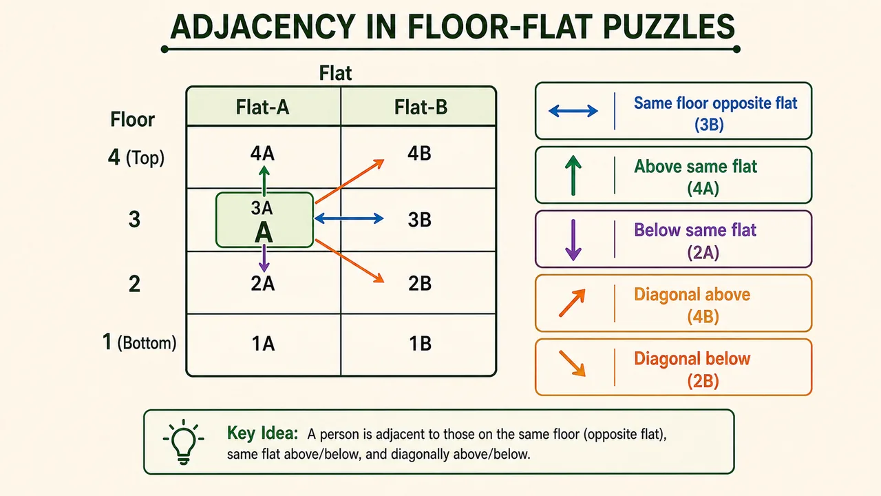 Floor and flat adjacency diagram showing same-floor, vertical, and diagonal neighbors around one flat