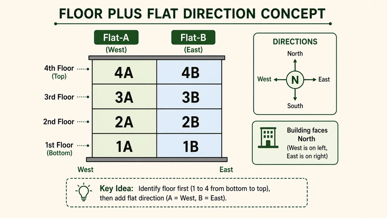 Floor and flat direction concept showing west flat, east flat, and above-below movement in a two-column building grid