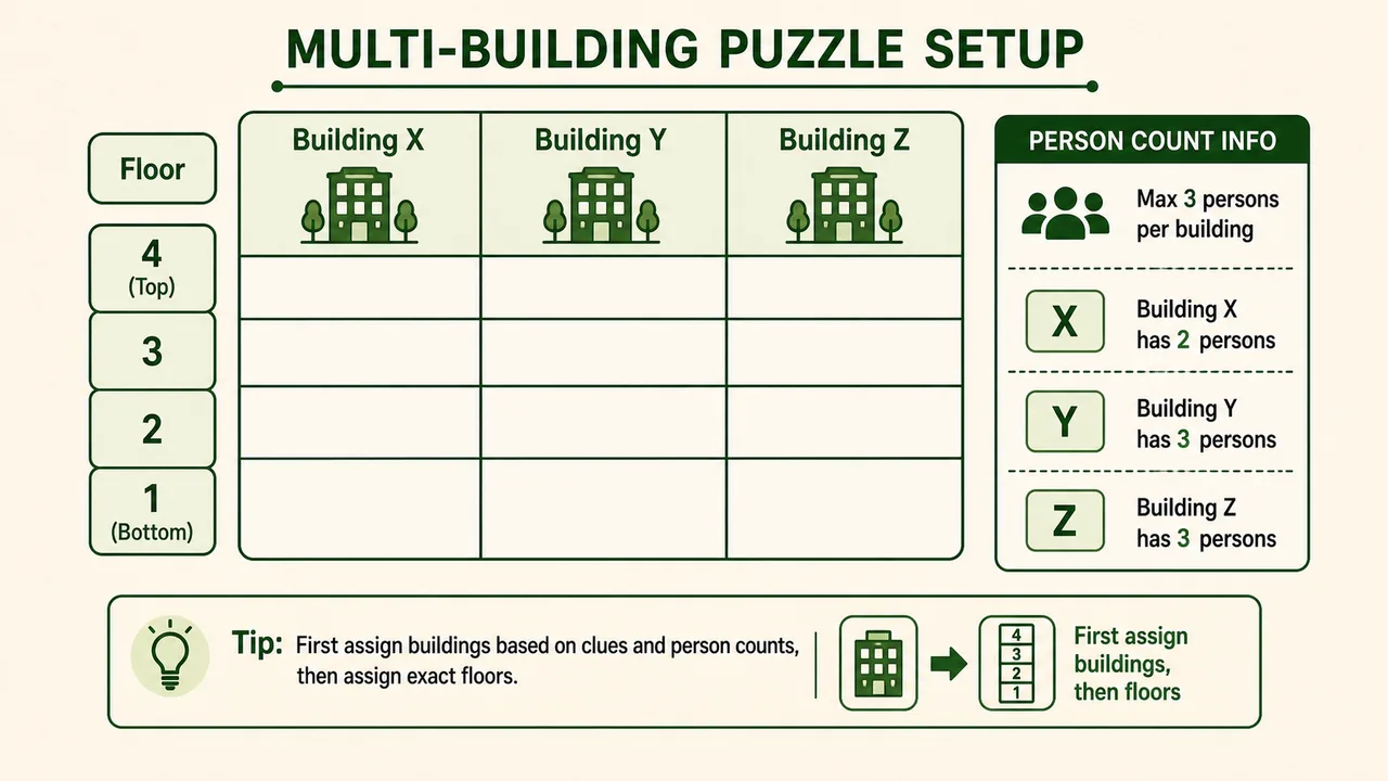 Multi-building floor puzzle grid showing three buildings and four floors for building-wise placement